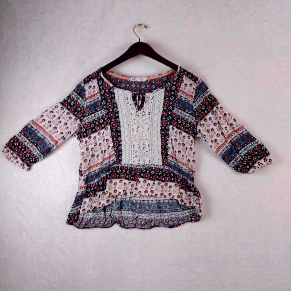 Jolt Womens Boho Crochet Lace Floral Patchwork‎ Blouse Navy Coral Large
